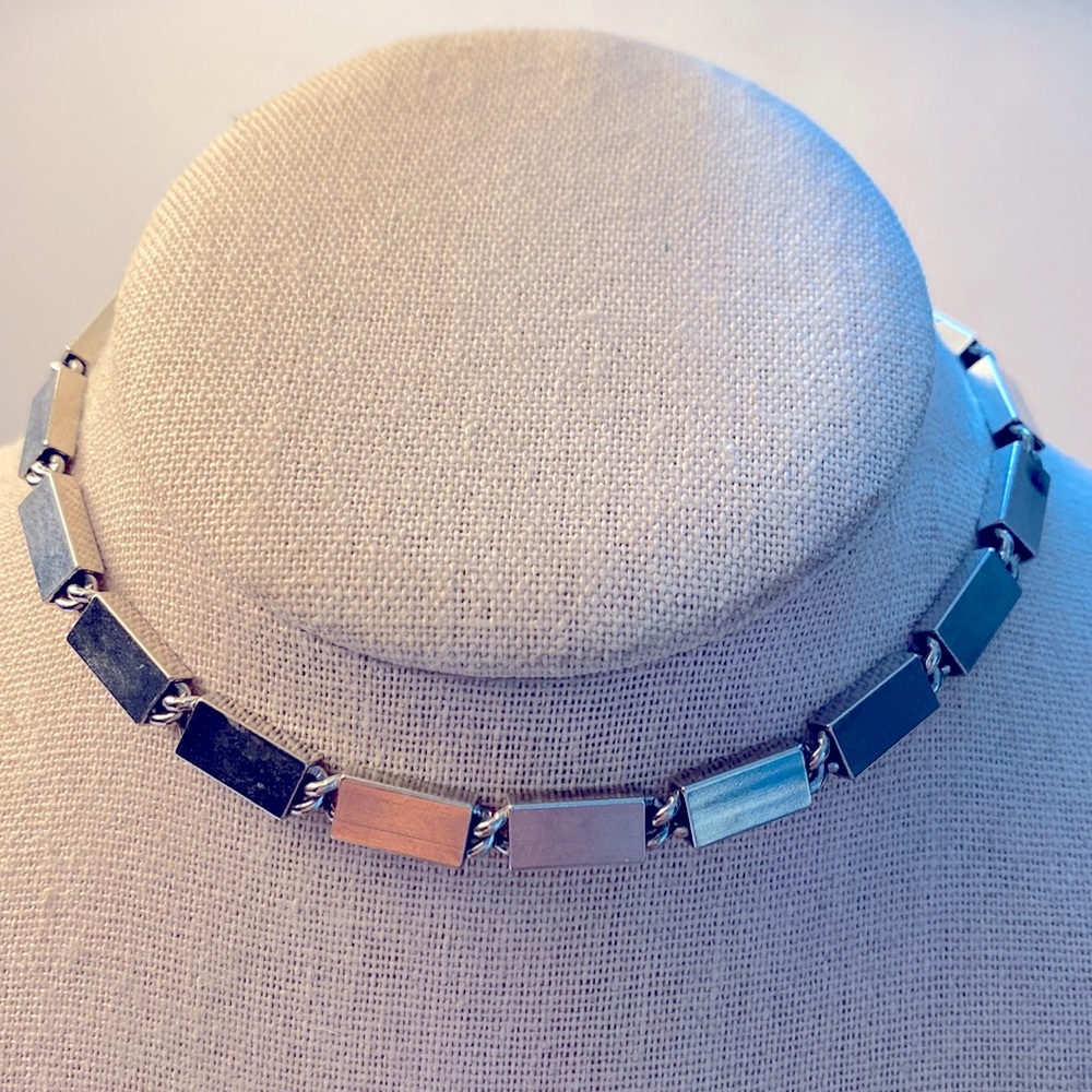 Vintage rectangular block metal choker style hook close adjustable 12 to 15”